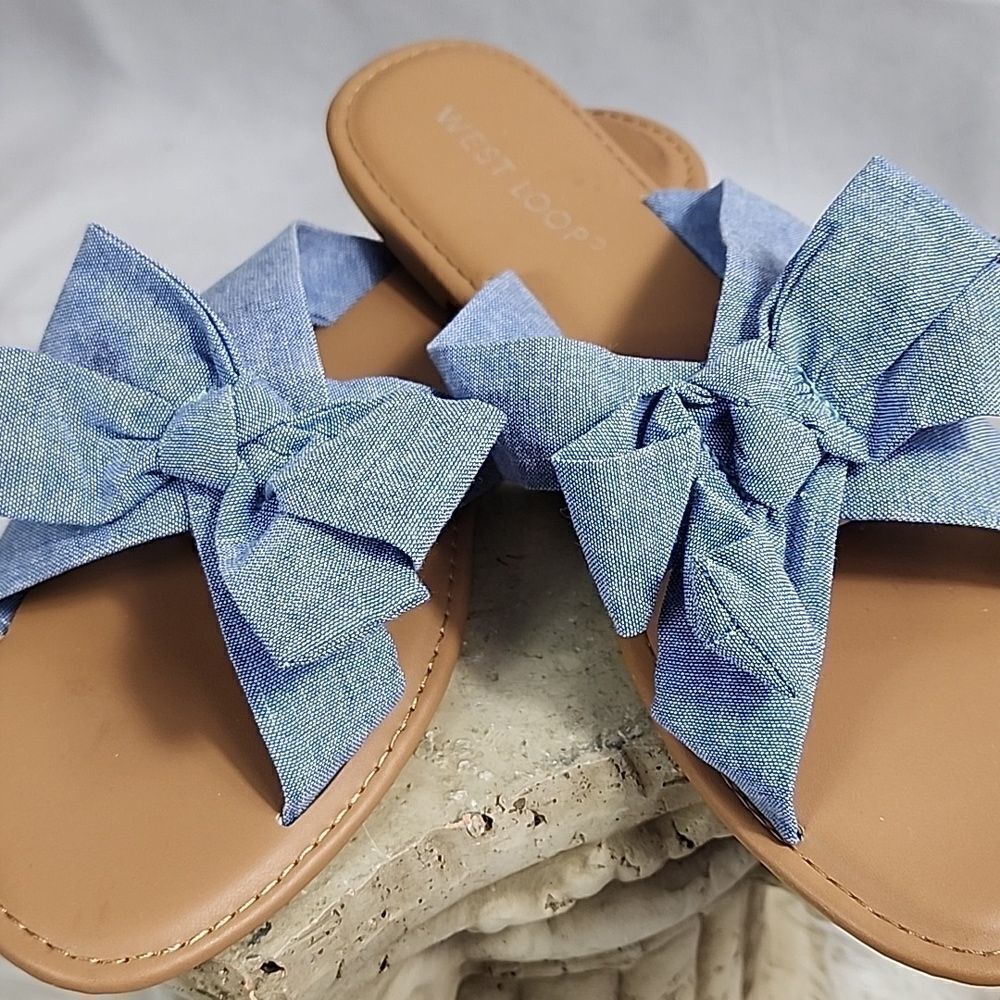 Beachy Beribboned Flats Size 9/10 Sandals with Large Bow Vacay - Picture 1 of 5